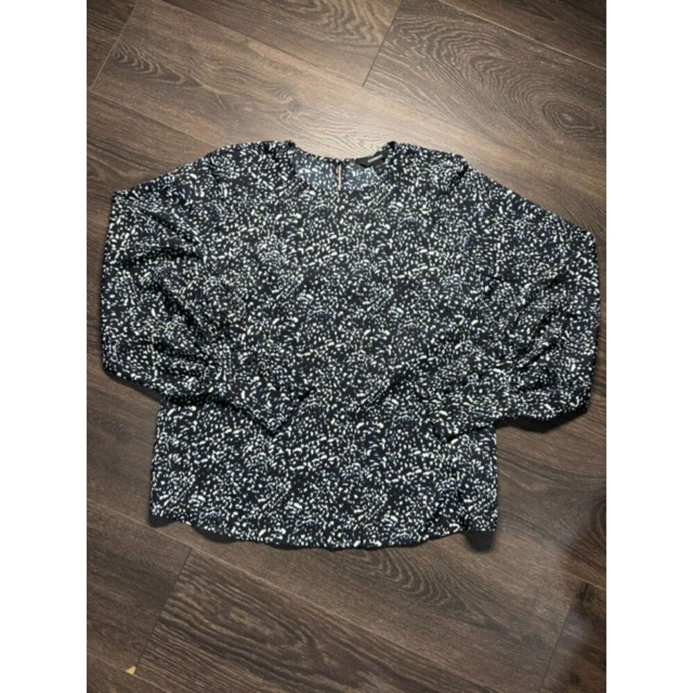 Express Women’s Small Blouse Black White Blue Abstract Print Long Sleeve Top